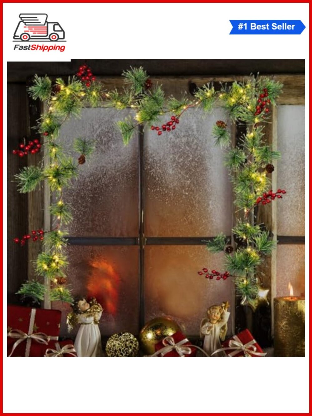 🎅 6FT Christmas Garland with 60 LED Lights Battery Operated Timer